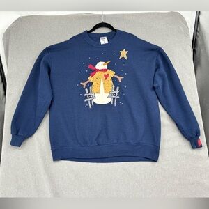 Vintage 90s Jerzees Primitive Snowman Christmas Crew Sweatshirt Blue Winter 2X